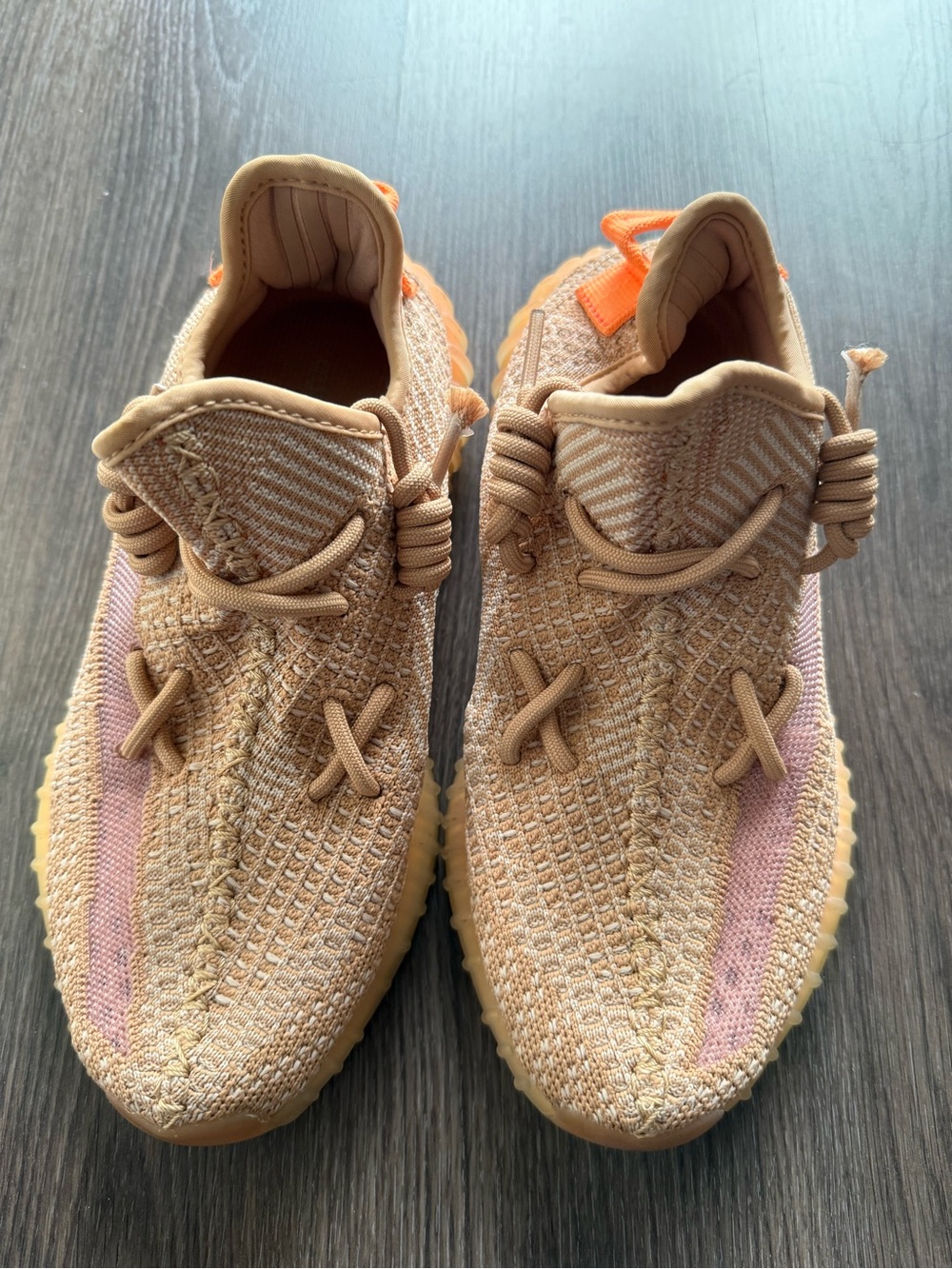 Yeezy Knit Sneakers in Tan with Pink Stripe